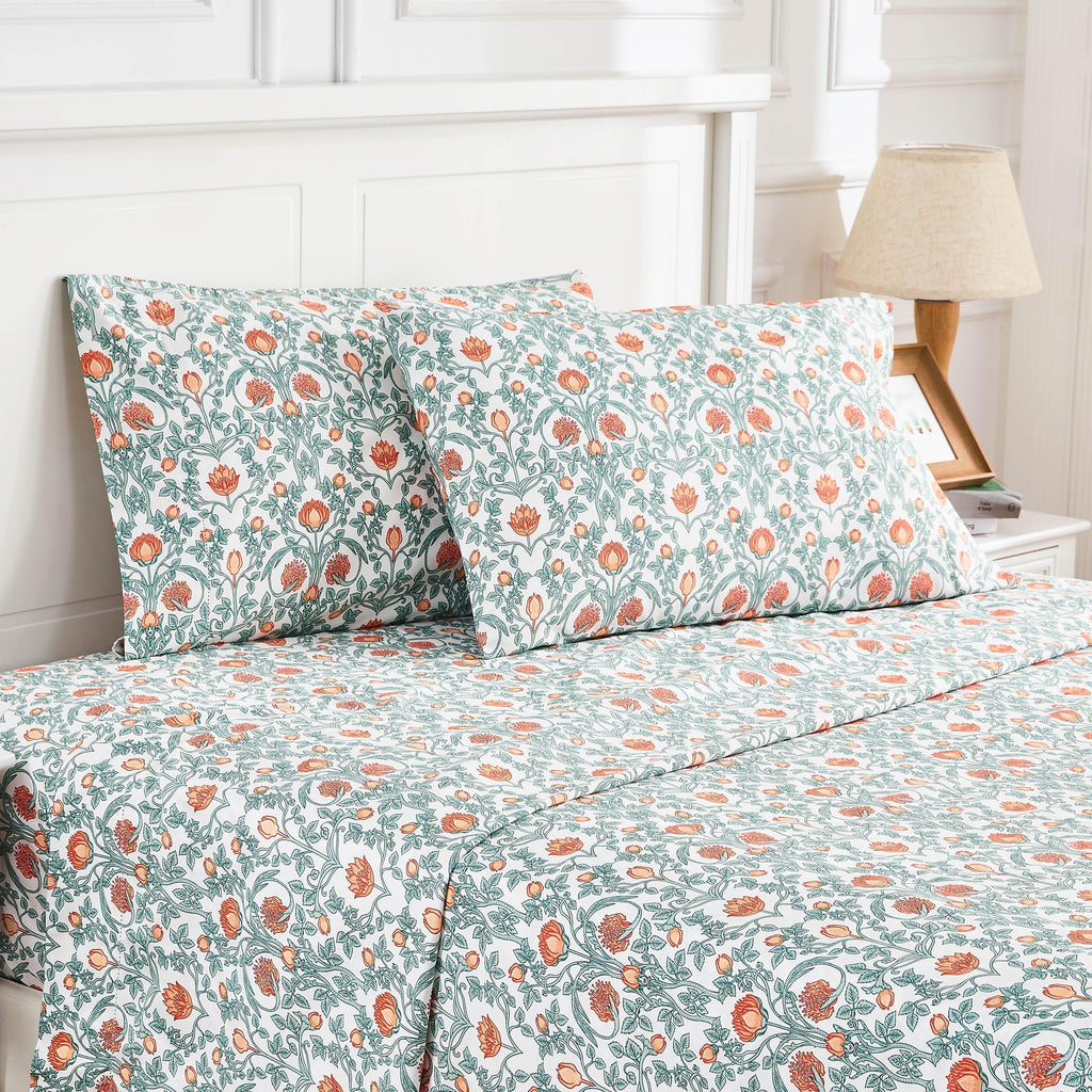 Arts & Crafts Floral Printed Sheet Set, front view - House Of Avana
