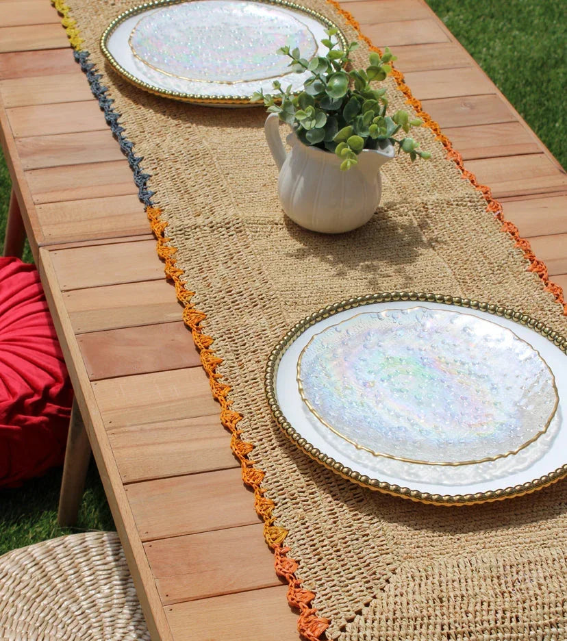 Aura Raffia Table Runner, Colorful Edge Tabletop, front view - House Of Avana