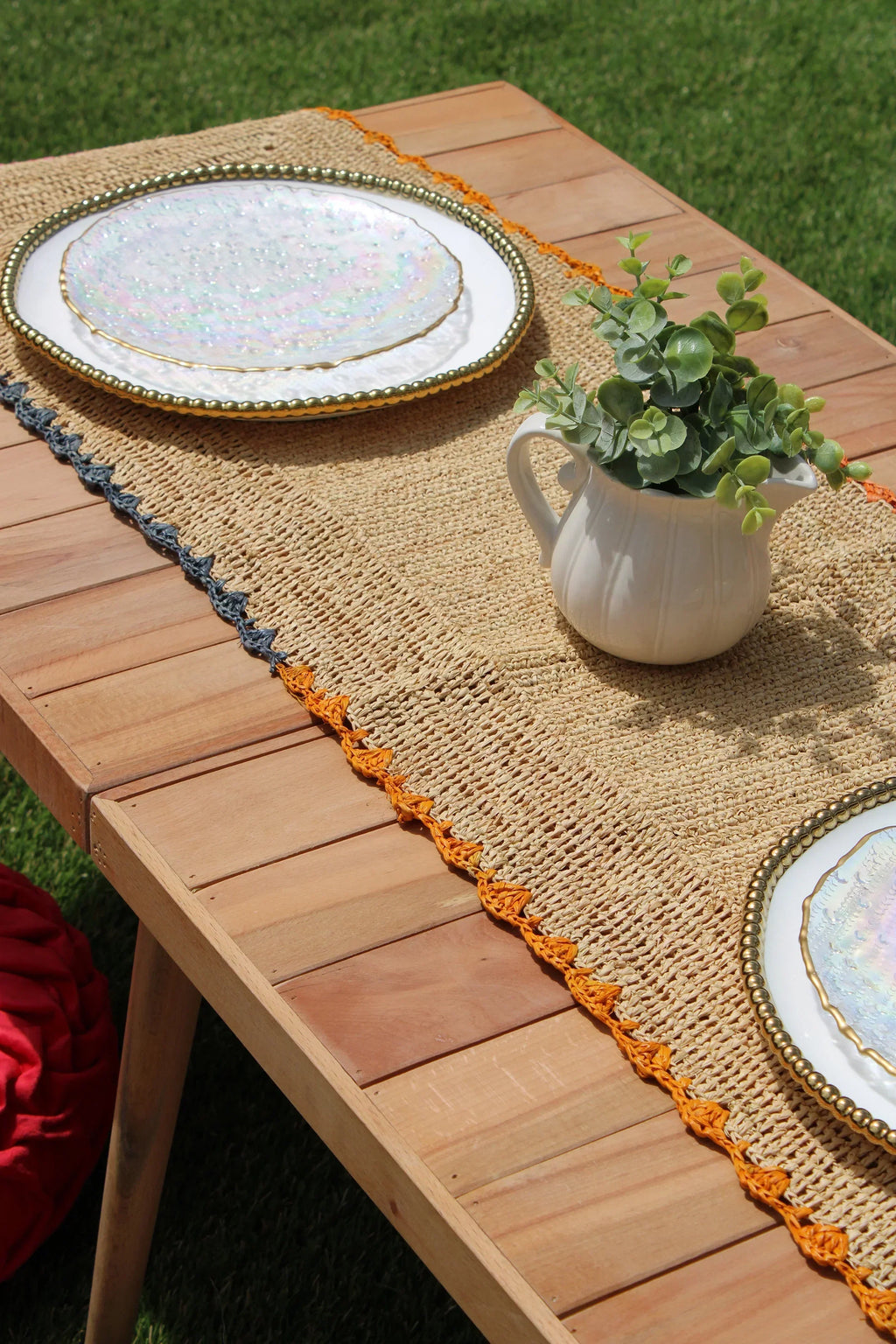Aura Raffia Table Runner, Colorful Edge Tabletop, back view - House Of Avana