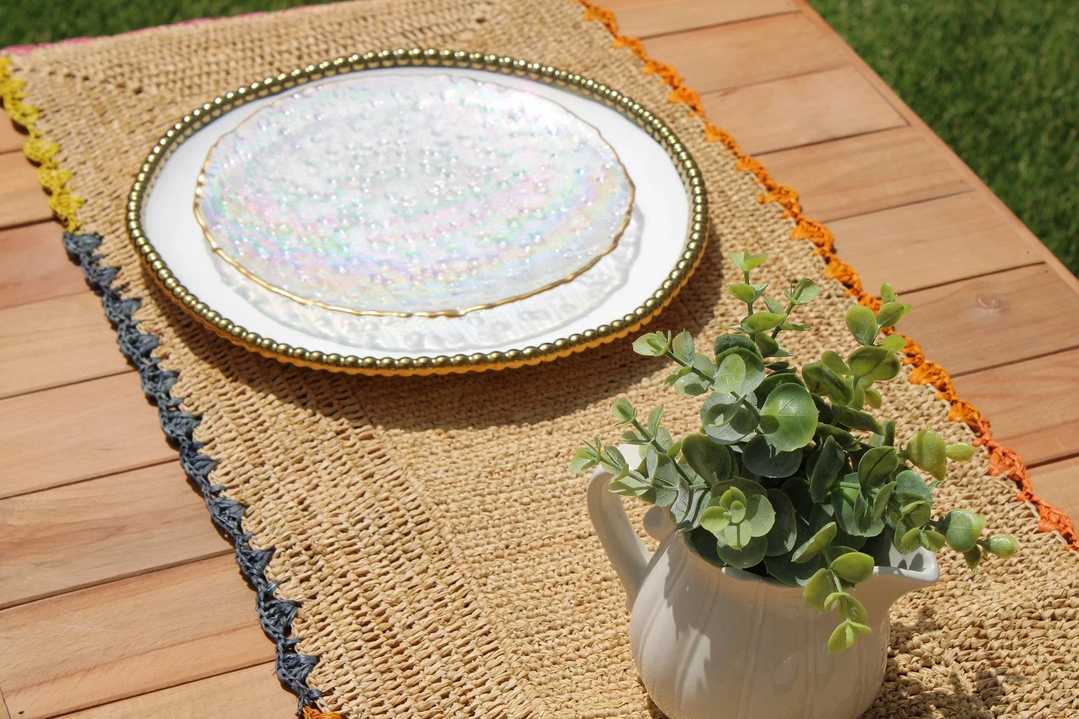 Aura Raffia Table Runner, Colorful Edge Tabletop, side view - House Of Avana
