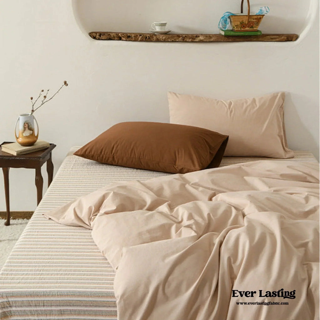 Ava Vintage Striped Cotton Bedding Set / Beige Solid, front view - House Of Avana