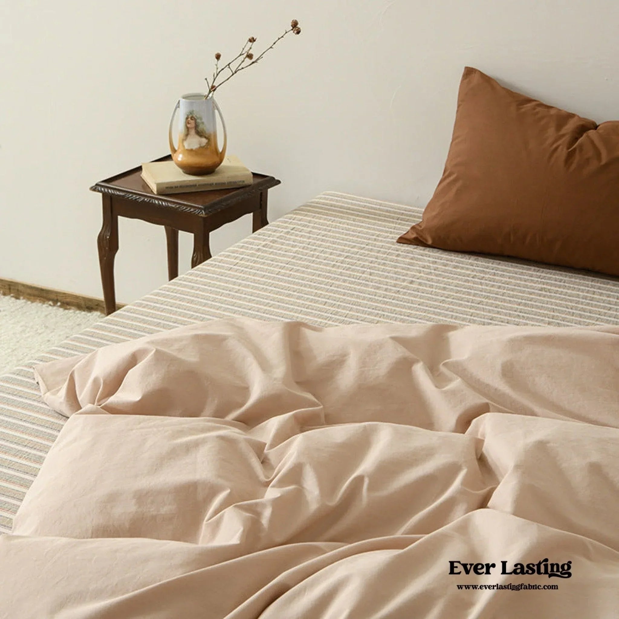 Ava Vintage Striped Cotton Bedding Set / Beige Solid, back view - House Of Avana