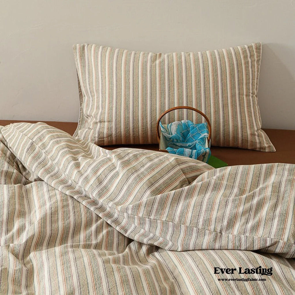 Ava Vintage Striped Cotton Bedding Set / Beige Solid, angled view - House Of Avana