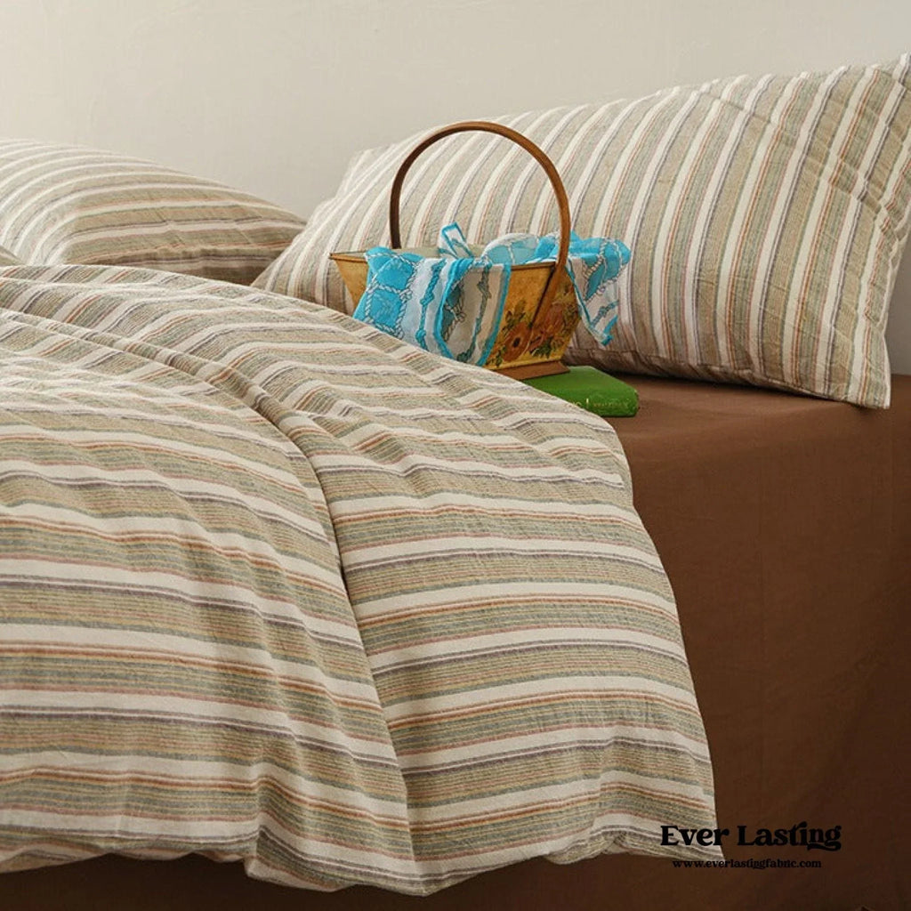 Ava Vintage Striped Cotton Bedding Set / Beige Solid, angled view - House Of Avana