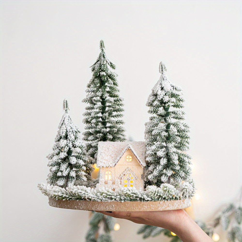 Mini Artificial Christmas Tree and House Set with Glowing Lights - Round Base, Battery-Powered, Ideal for Holiday Decorations, Winter Season, Christmas Tree Decorations, Best for Christmas, Perfect for Thanksgiving House Of Avana