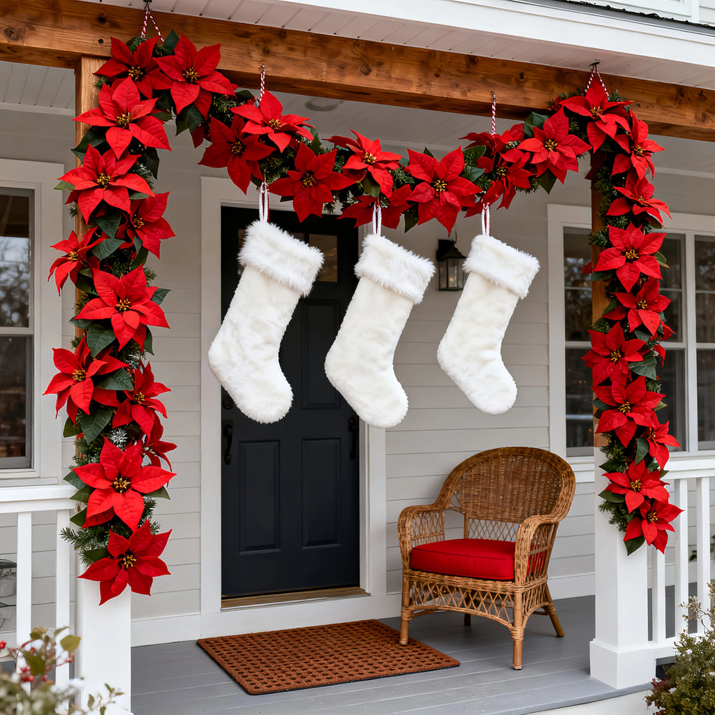 239.78 cm 1pc Lifelike Artificial Poinsettia Vine - Realistic Red Fake Garland, Suitable for Christmas, Valentine's Day, Thanksgiving, and Halloween Decor | Suitable for Indoor/Outdoor Use on Stairs, Walls, Dining Tables | Ma House Of Avana