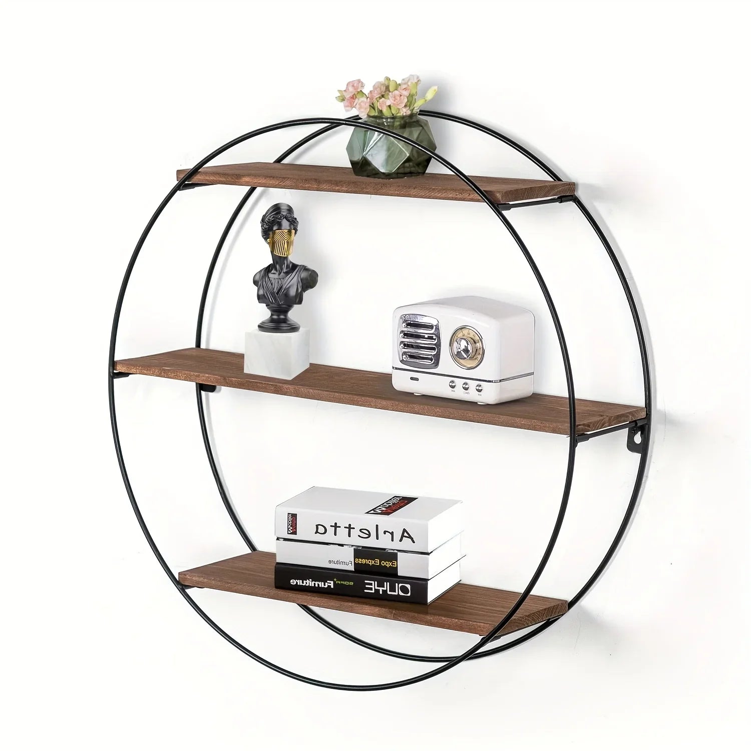 Round Floating 3-Tier Wall Shelf - Sturdy Wood And Metal Decorative Shelf for Living Room, Bedroom, Bathroom, Kitchen, Office, Halloween Decoration, Floating Shelves House Of Avana