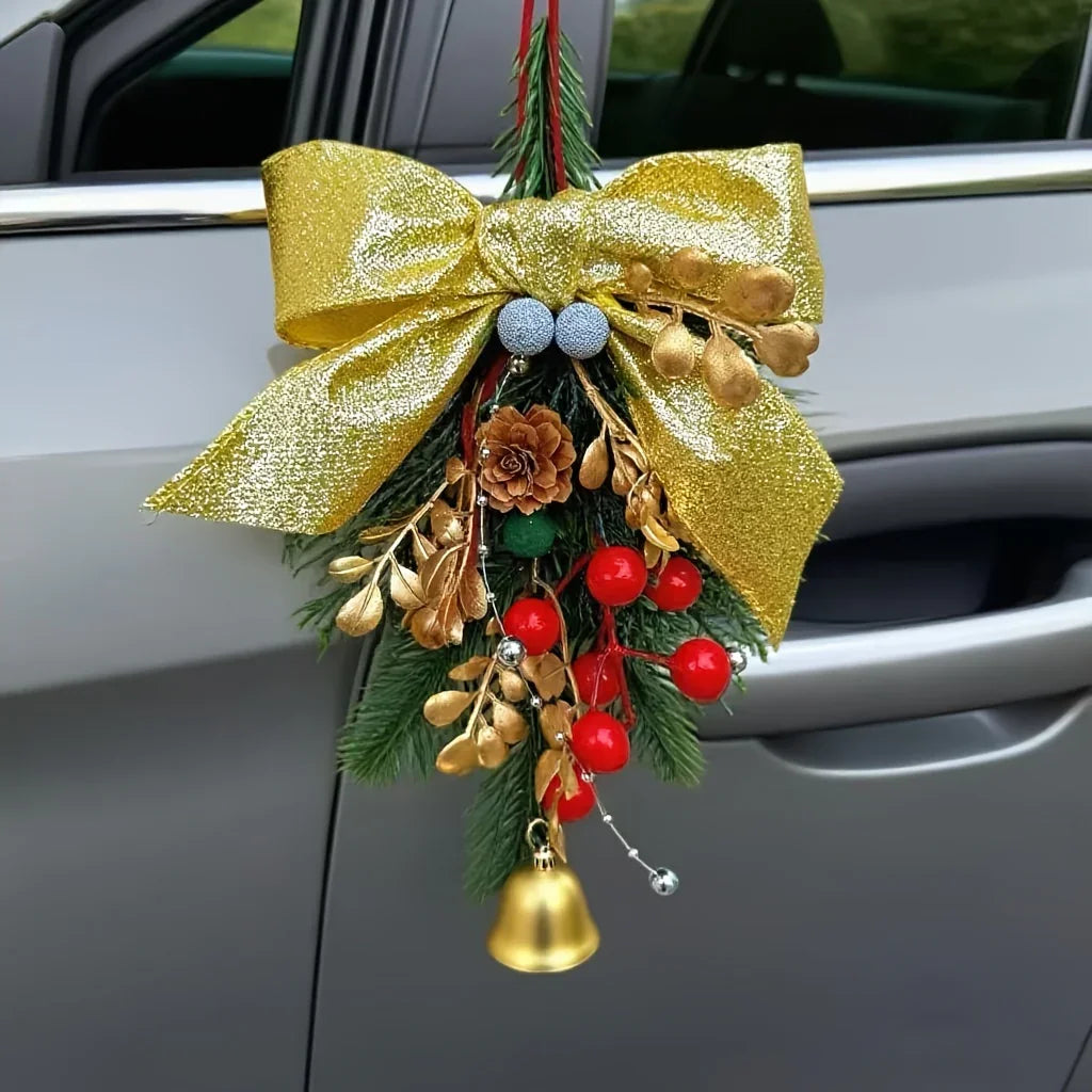 Christmas Bell Ornament, Velvet Bow with Pinecone Accent, Hanging Decoration for Trees and Scenes, Three Colors House Of Avana
