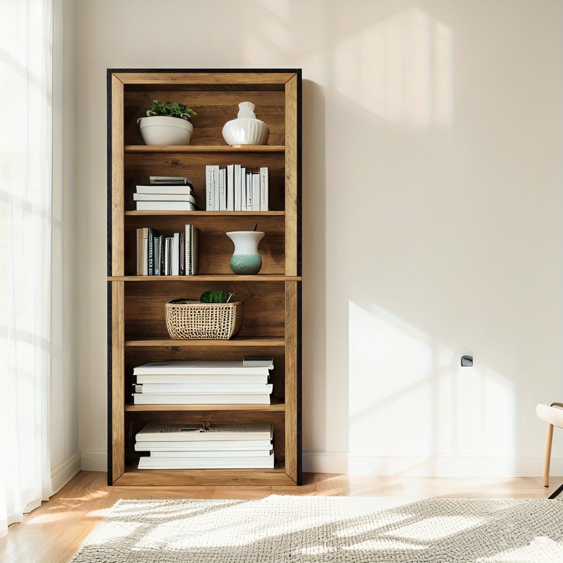 7-Tier Rustic Wood Bookshelf - 74.4" Tall Vintage Open Shelf Display Rack, Slim Space-Saving Design with Mixed Brown & Black Tones, Multi-Purpose Storage for Living Room, Home Office, Bedroom - Easy Assembly, Durable MDF & Re House Of Avana