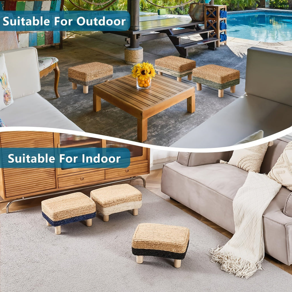 Footstool Ottoman Rectangular Footrest Pouf Ottoman Natural Seagrass Footstool With Wooden Legs Hand Weave Step Stool For Living Room Bedroom Entrance House Of Avana