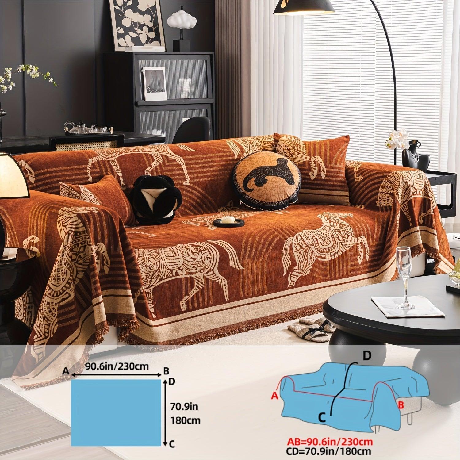 Luxurious Chenille Horse Design Sofa Cover Decor in Orange & Green topspet