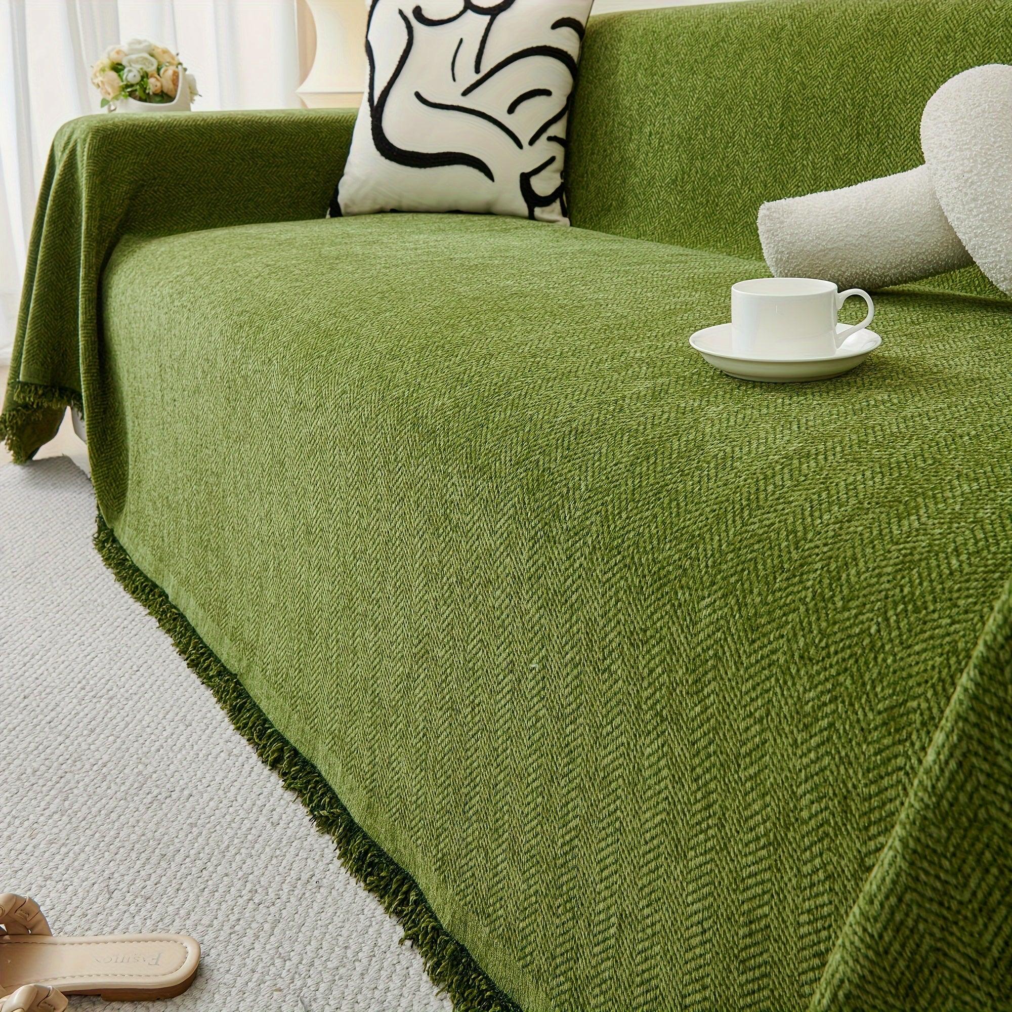 Update Sofa with Organic Couch Cover| Herringbone Chenille Tassels topspet