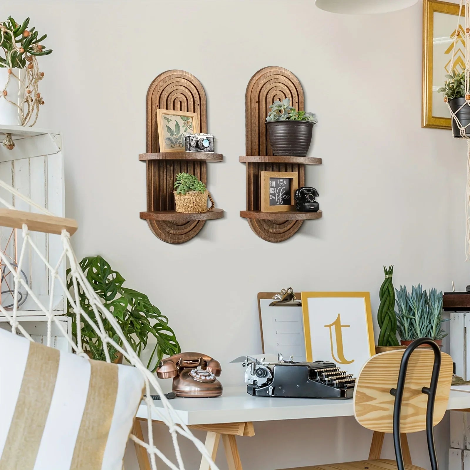 2pcs Boho Wall Shelf Rainbow Arch Wooden Floating Shelf Mid Century Bohemian Hanging Holder Double Vintage Wall Mount Altar Decor For Nursery Bedroom 15.75 X 6.69 Inches (Brown), Floating Shelves House Of Avana