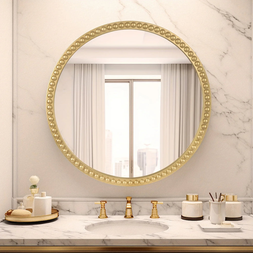 Beaded Round Mirror, 30 inch Large Round Mirror with Gold Beaded Wall Decorative Mirrors for Bathroom Entryway Living Room Bedroom - House Of Avana
