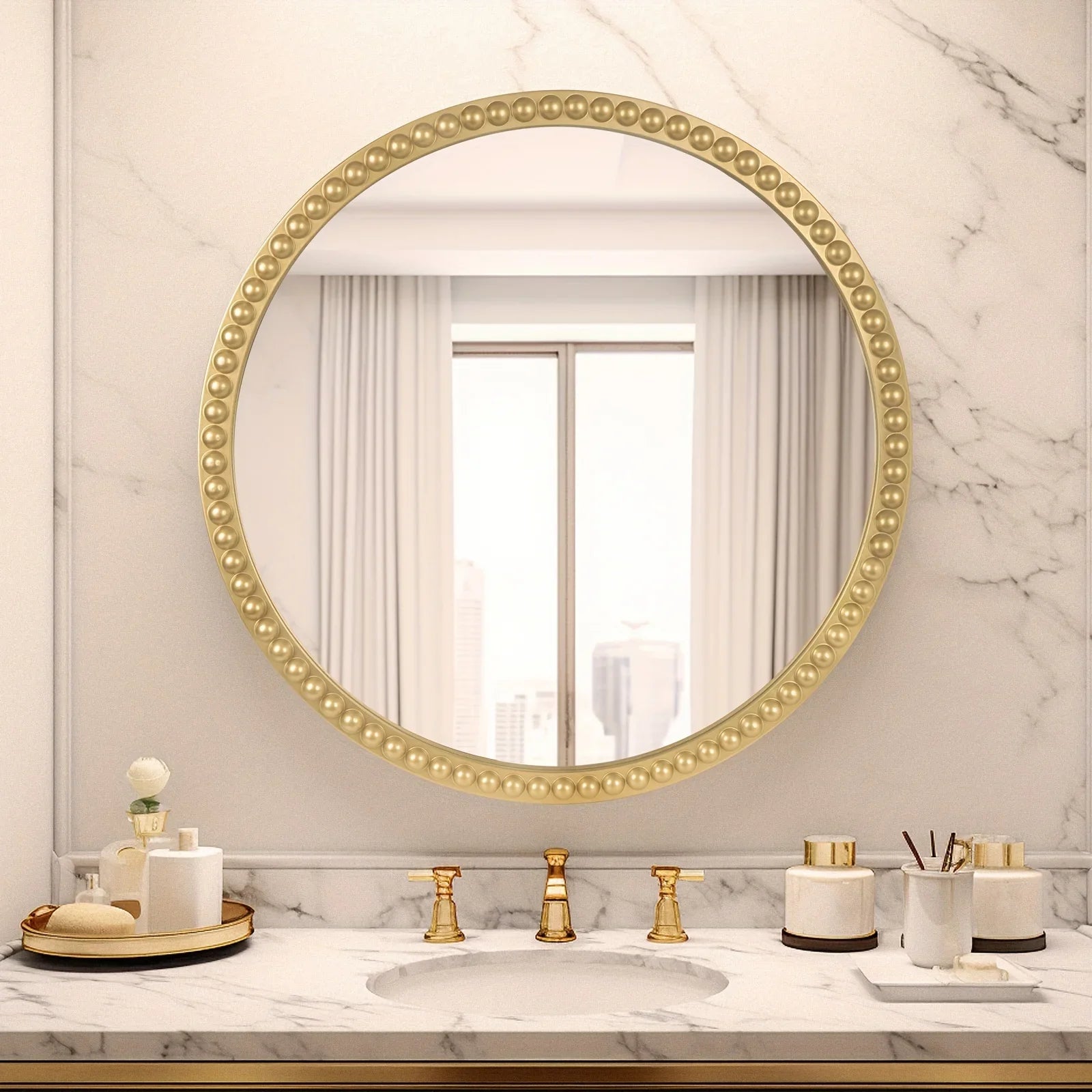 Beaded Round Mirror, 30 inch Large Round Mirror with Gold Beaded Wall Decorative Mirrors for Bathroom Entryway Living Room Bedroom - House Of Avana