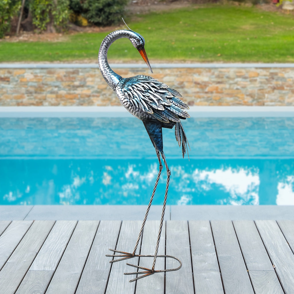 1pc Rustic Metal Garden Crane Statue Outdoor Decor, Standing Heron Sculpture Lawn Ornaments, Blue Bird Lake Yard Backyard Patio House of Avana