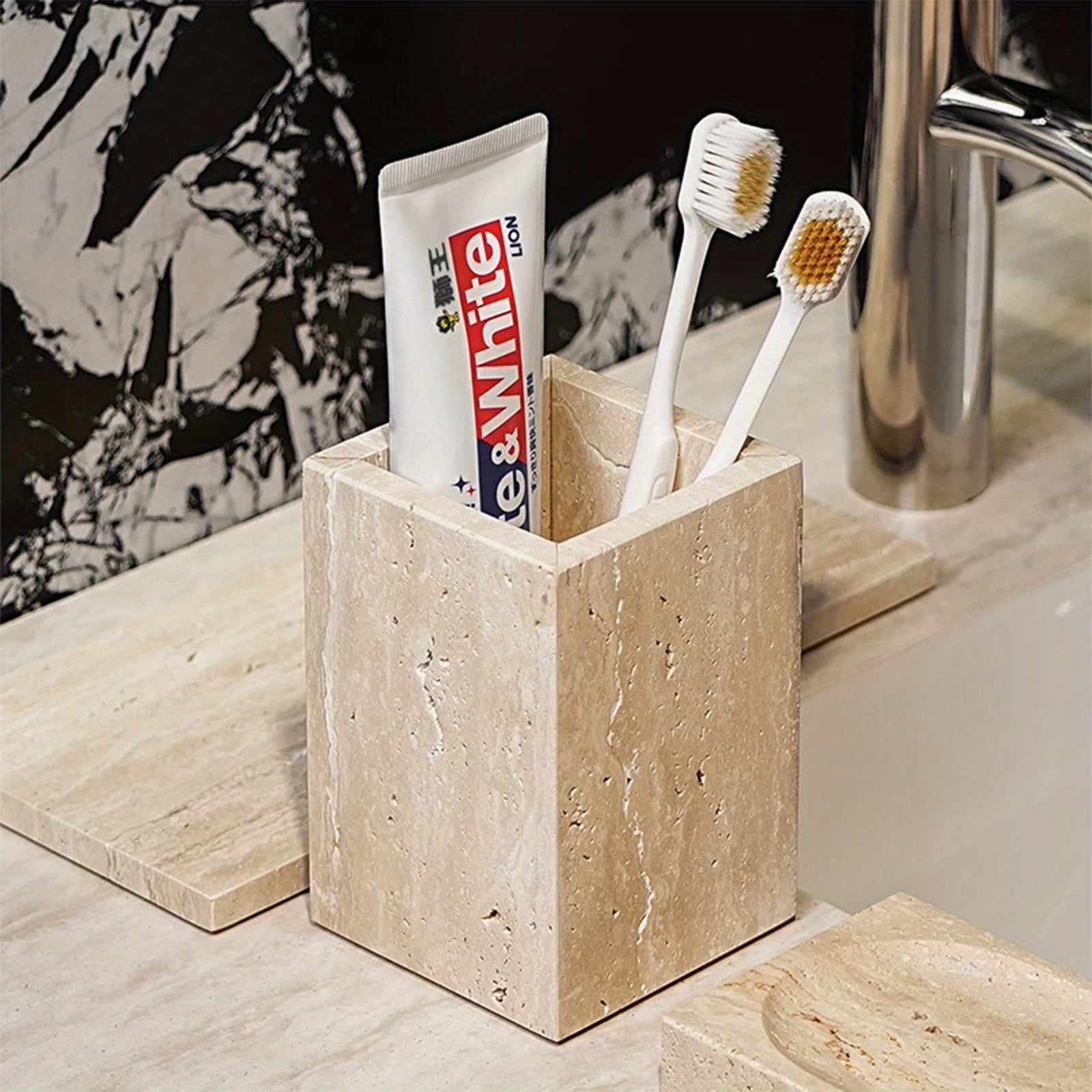 Travertine Desk Organizer - Natural Beige Stone Multi-Purpose Storage for Pens, Makeup Brushes, Toothbrush | Durable Vanity Tray & Pen Holder for Office, Bathroom, Bedroom Decor, Vanity Desk, Handcrafted Look, Home Organizati House Of Avana