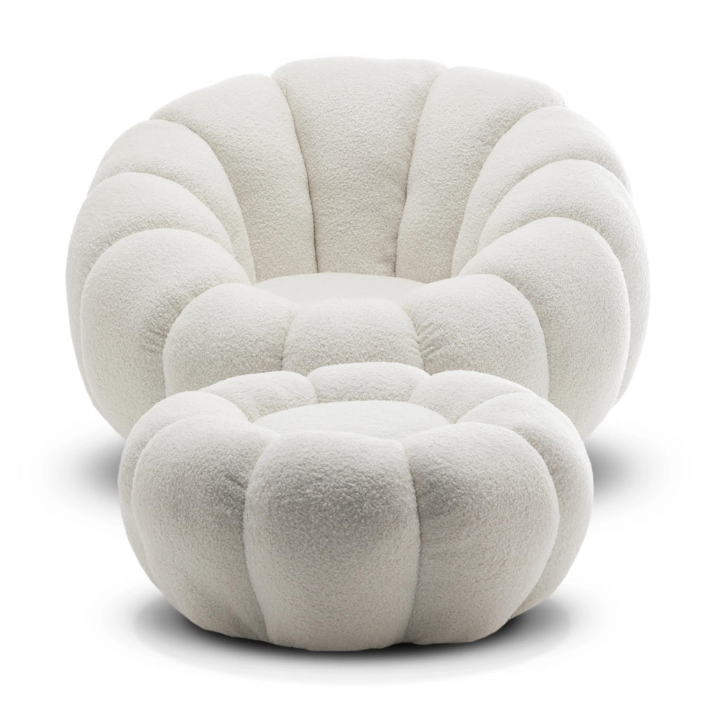 Teddy Boucle Fabric White 1 Seater Swivel Sofa with Footstool MIRIELLE House Of Avana