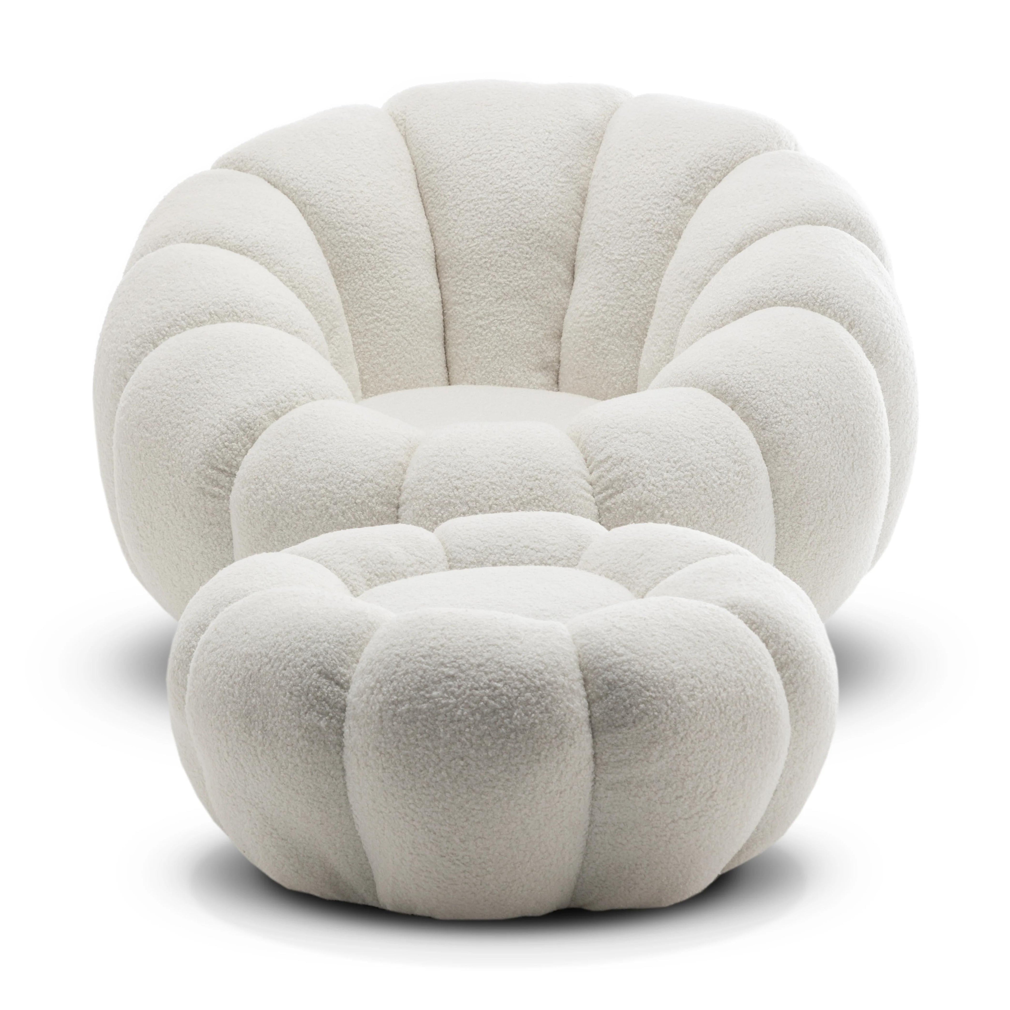 Teddy Boucle Fabric White 1 Seater Swivel Sofa with Footstool MIRIELLE House Of Avana