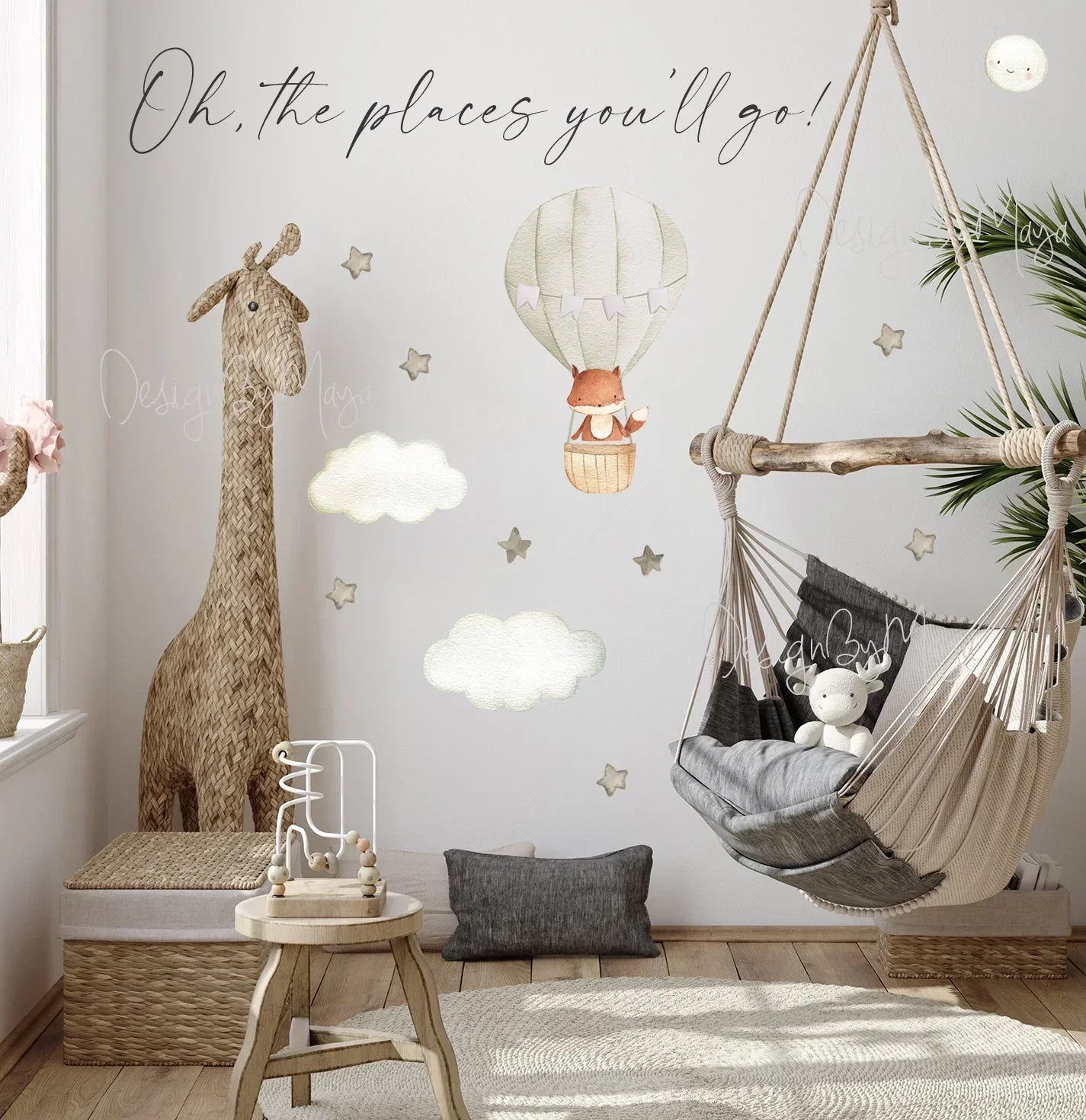 Baby Animal Inside Hot Air Balloon - Fabric Nursery Wall Art Decals, front view - House Of Avana