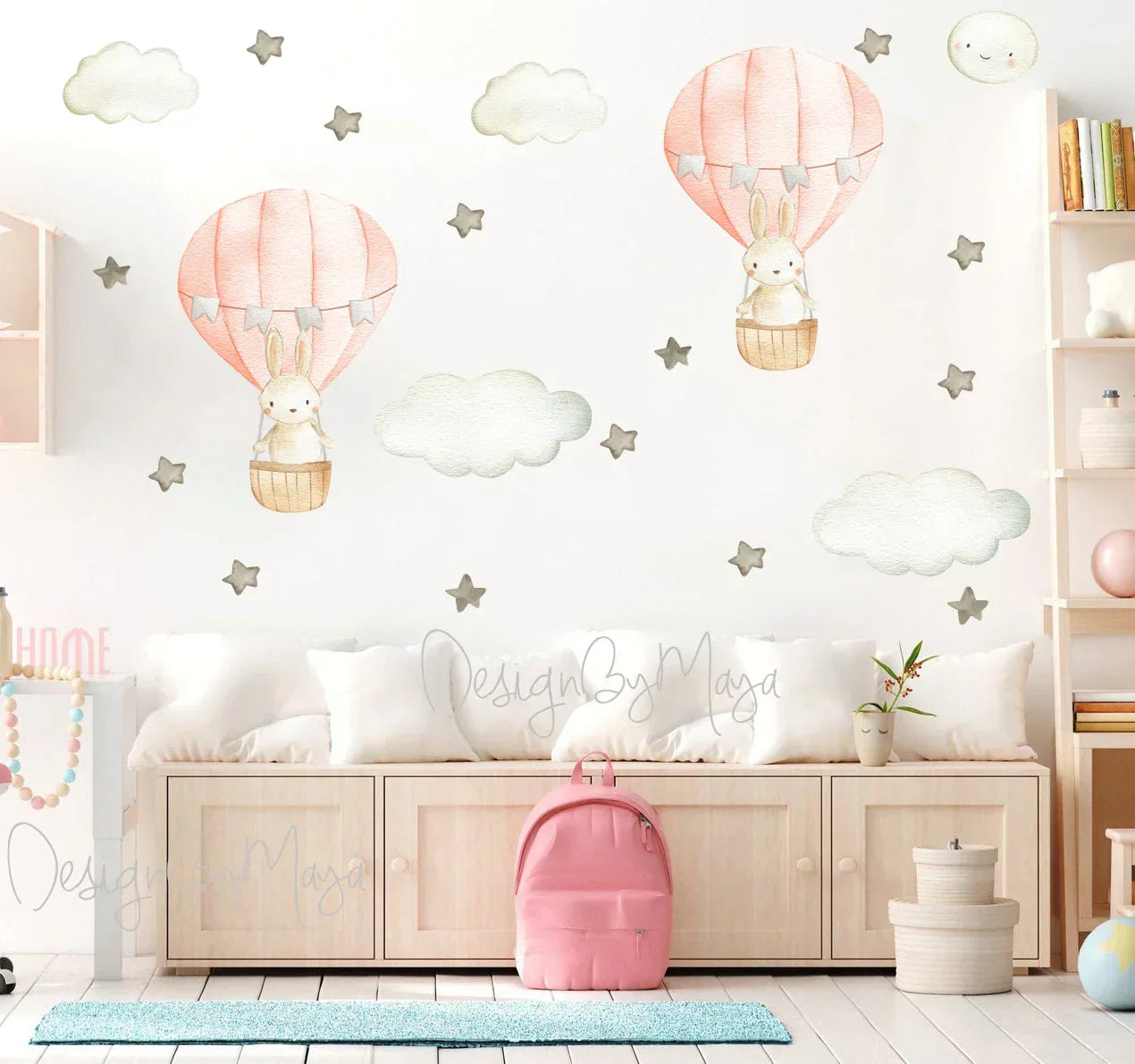 Baby Animal Inside Hot Air Balloon - Fabric Nursery Wall Art Decals, side view - House Of Avana