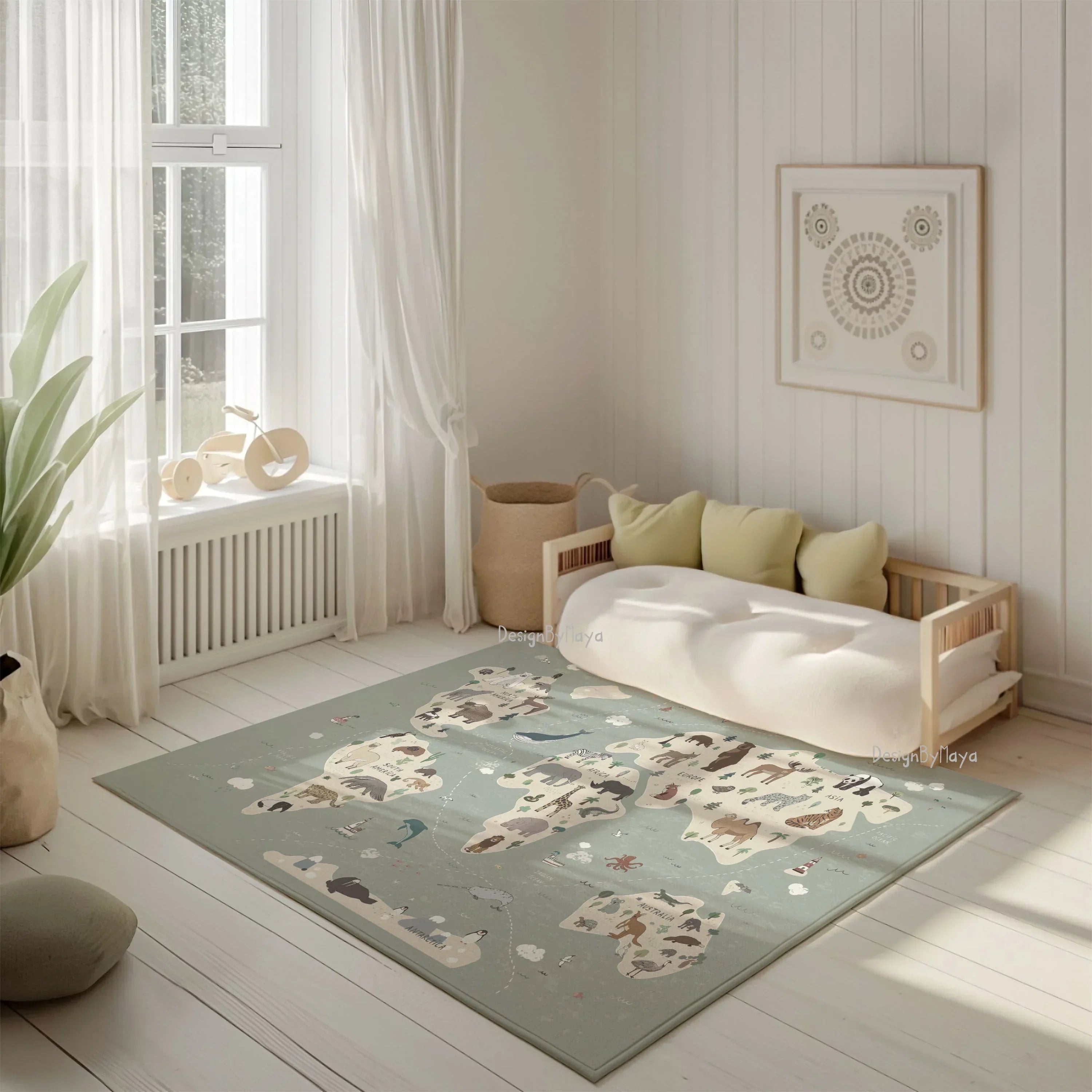 Baby Animals Abc Rug / World Map Area Rug, angled view - House Of Avana