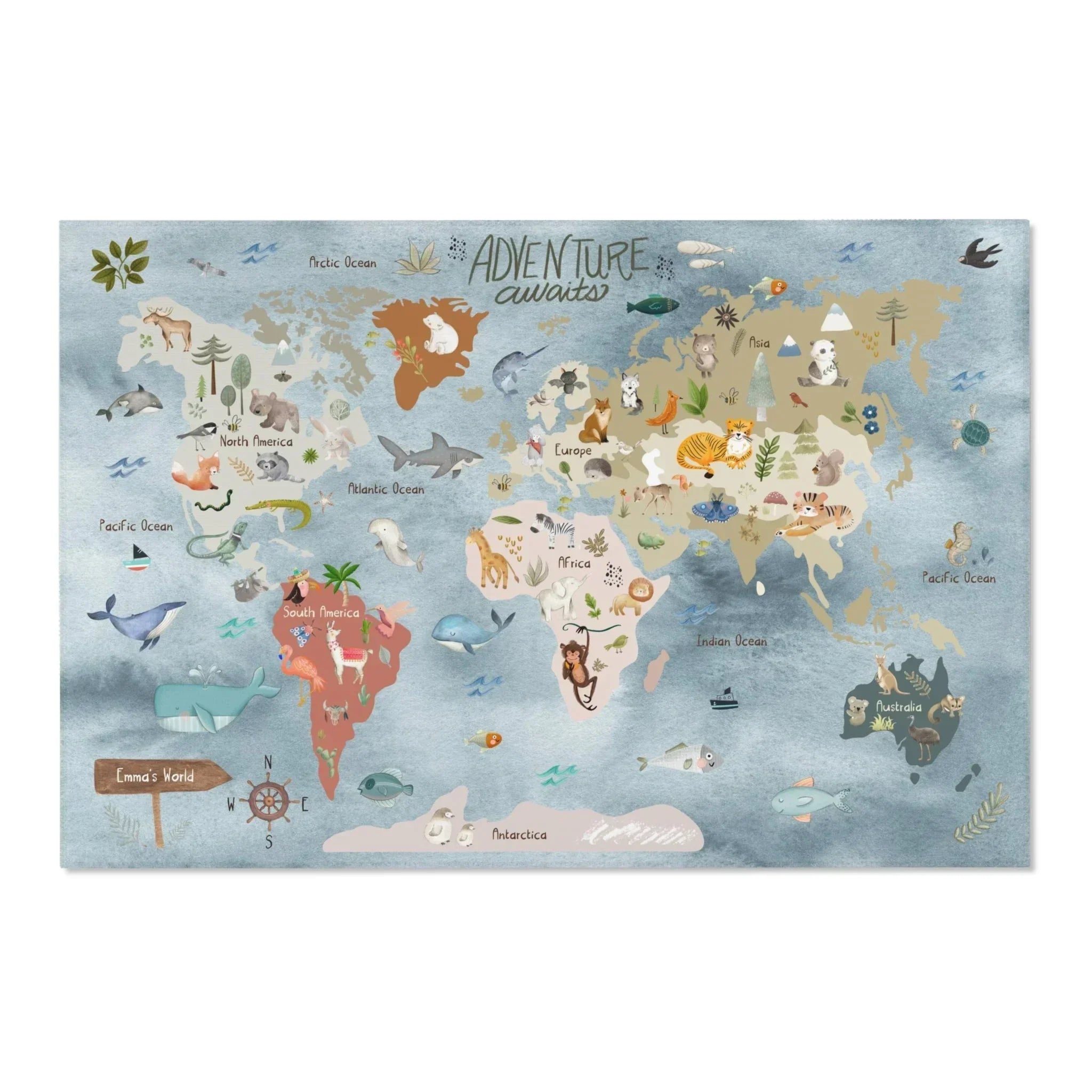 Baby Animals Abc Rug / World Map Area Rug, angled view - House Of Avana