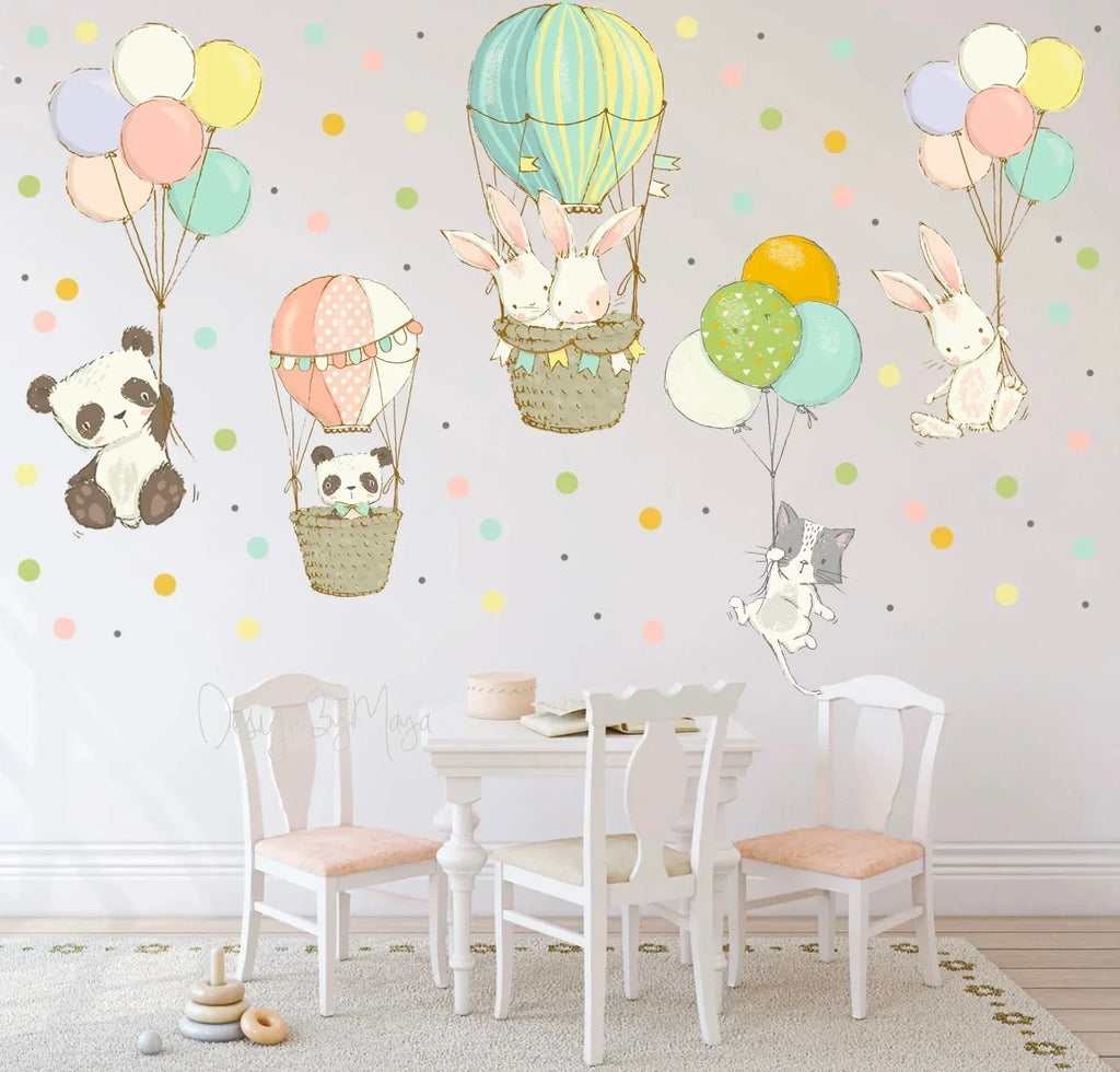 Baby Animals Inside Hot Air Balloons - Fabric Nursery Wall Art Decals, front view - House Of Avana