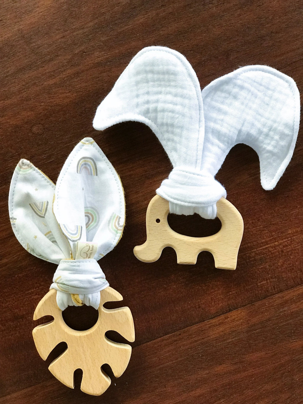 Baby Beech Wood Teether with Organic Cotton Fabric Tie, front view - House Of Avana
