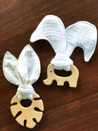 Baby Beech Wood Teether with Organic Cotton Fabric Tie, front view - House Of Avana