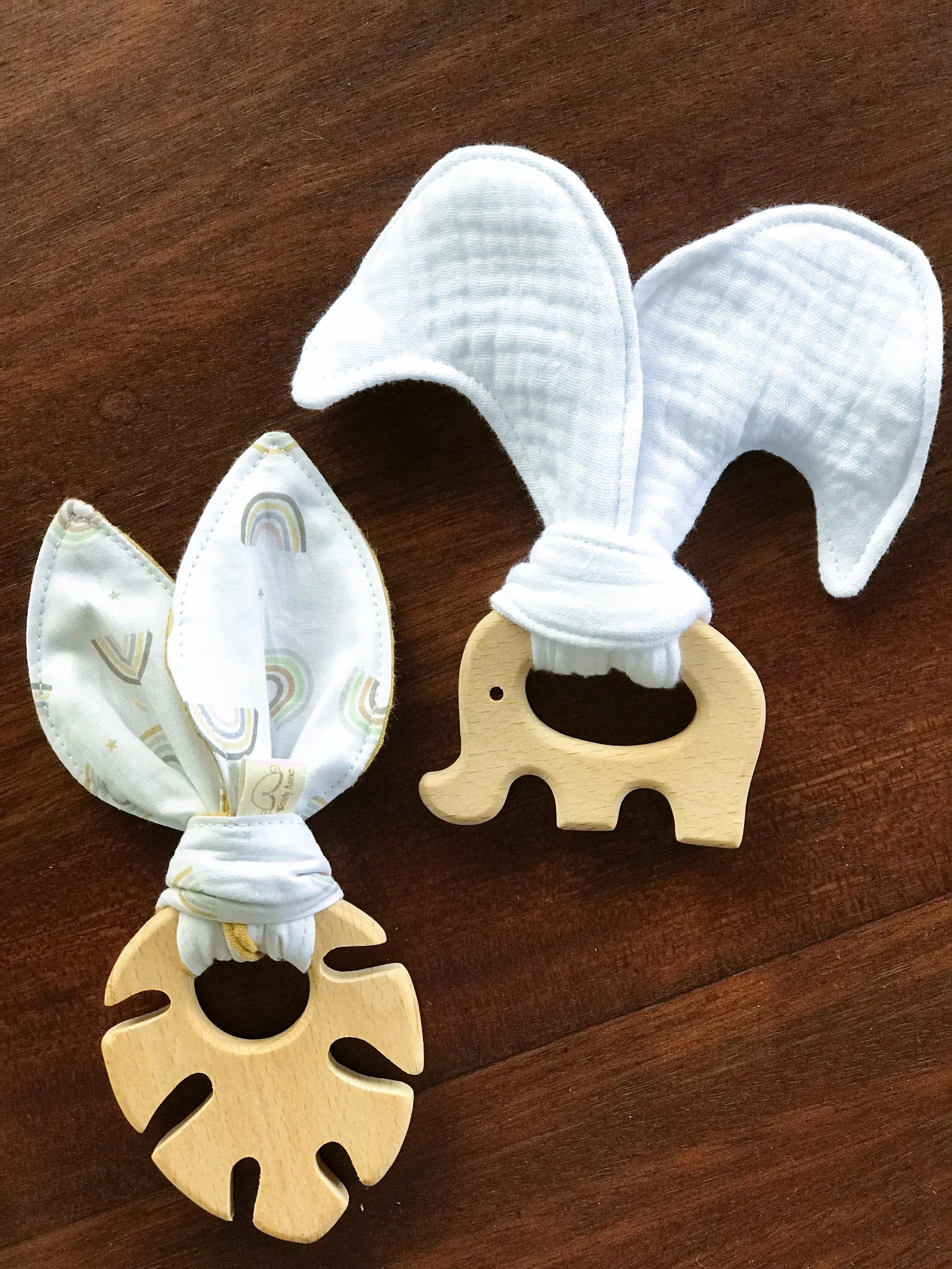 Baby Beech Wood Teether with Organic Cotton Fabric Tie, front view - House Of Avana