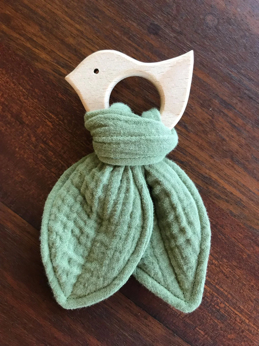 Baby Beech Wood Teether with Organic Cotton Fabric Tie, side view - House Of Avana