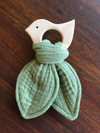 Baby Beech Wood Teether with Organic Cotton Fabric Tie, side view - House Of Avana