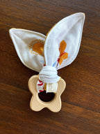 Baby Beech Wood Teether with Organic Cotton Fabric Tie, lifestyle image - House Of Avana