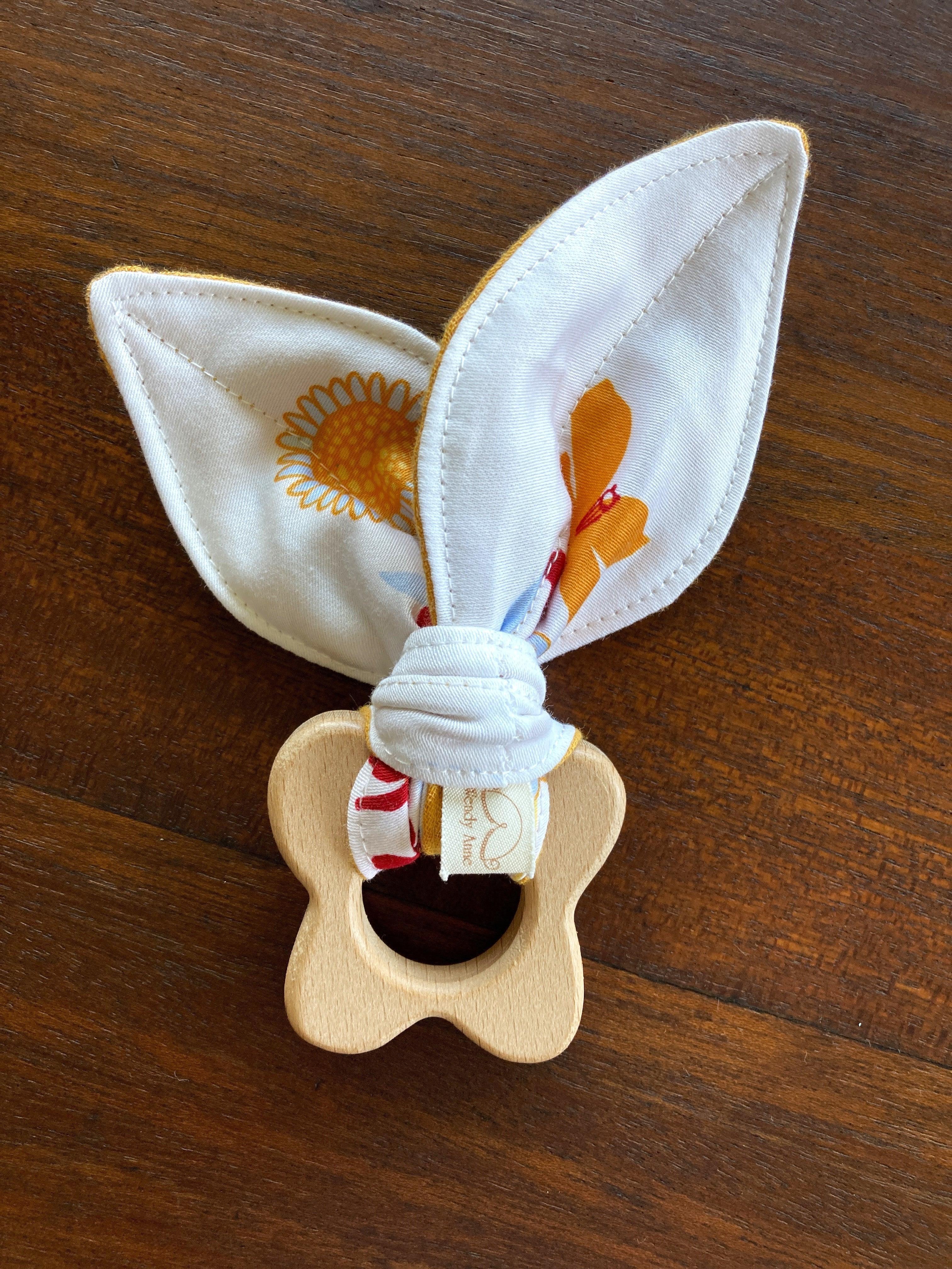Baby Beech Wood Teether with Organic Cotton Fabric Tie, lifestyle image - House Of Avana