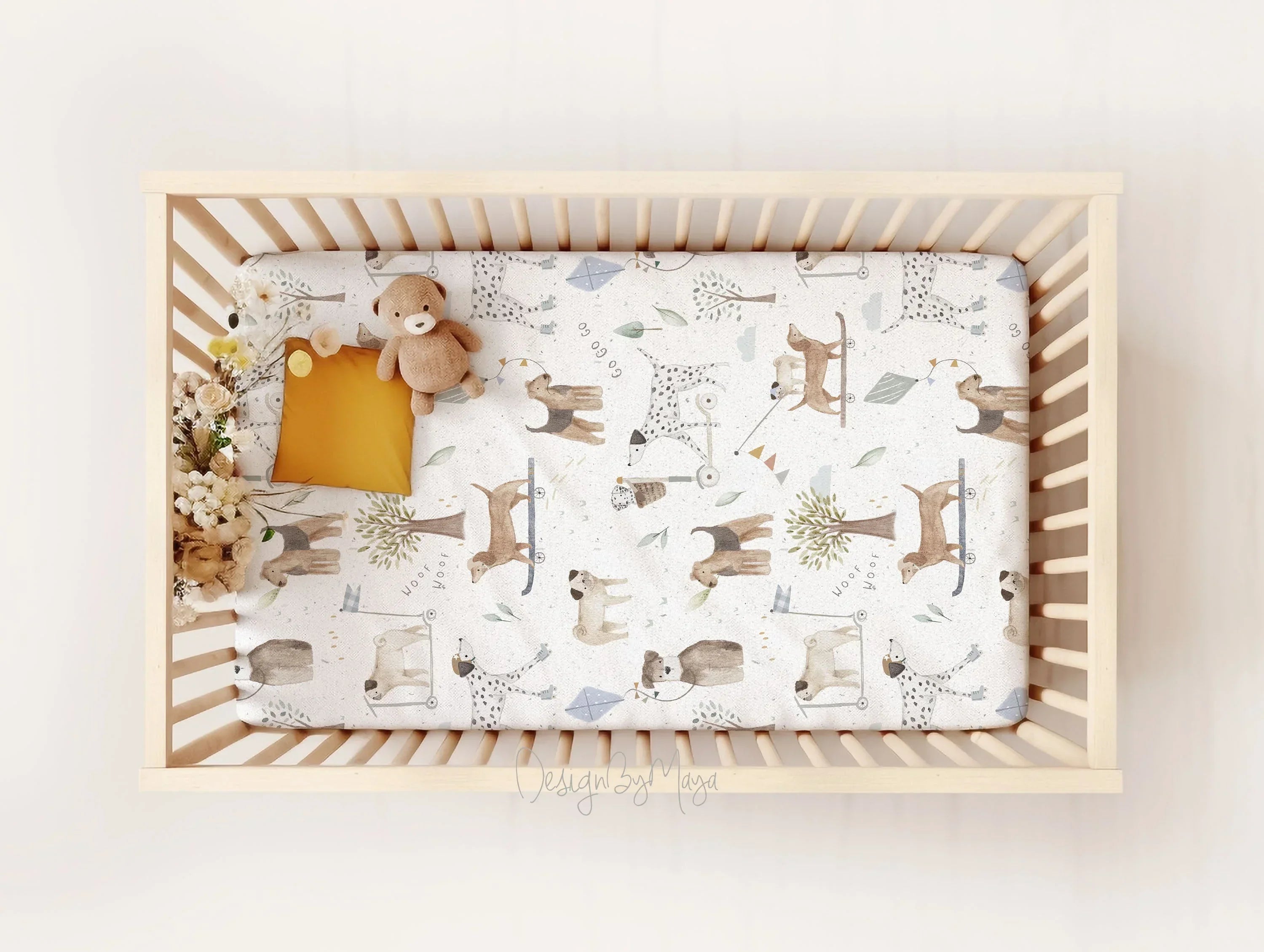 Baby Dogs Crib Sheet - Minky / Jersey Crib Sheet, front view - House Of Avana