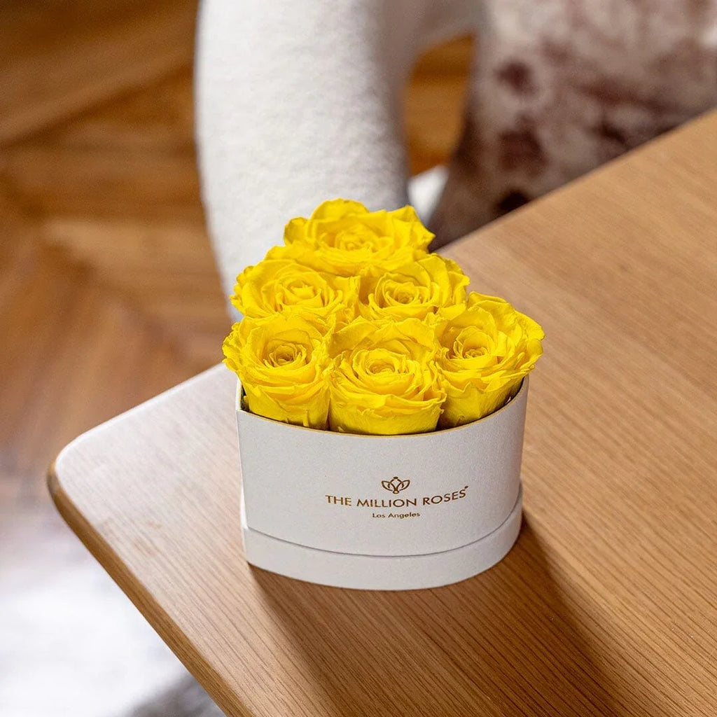 White wooden box with yellow roses, heart-shaped lid, distressed finish - House of Avana