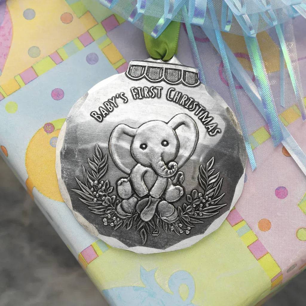 Baby's First Christmas Elephant Ornament, front view - House Of Avana