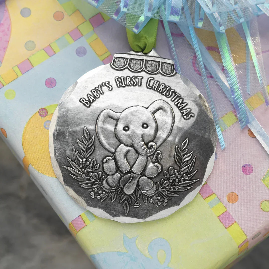 Baby's First Christmas Elephant Ornament, front view - House Of Avana