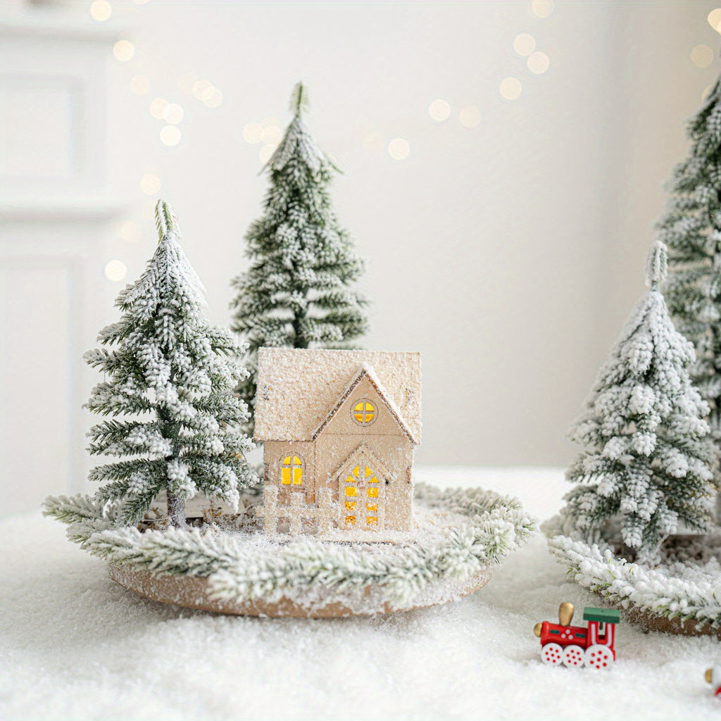 Mini Artificial Christmas Tree and House Set with Glowing Lights - Round Base, Battery-Powered, Ideal for Holiday Decorations, Winter Season, Christmas Tree Decorations, Best for Christmas, Perfect for Thanksgiving House Of Avana