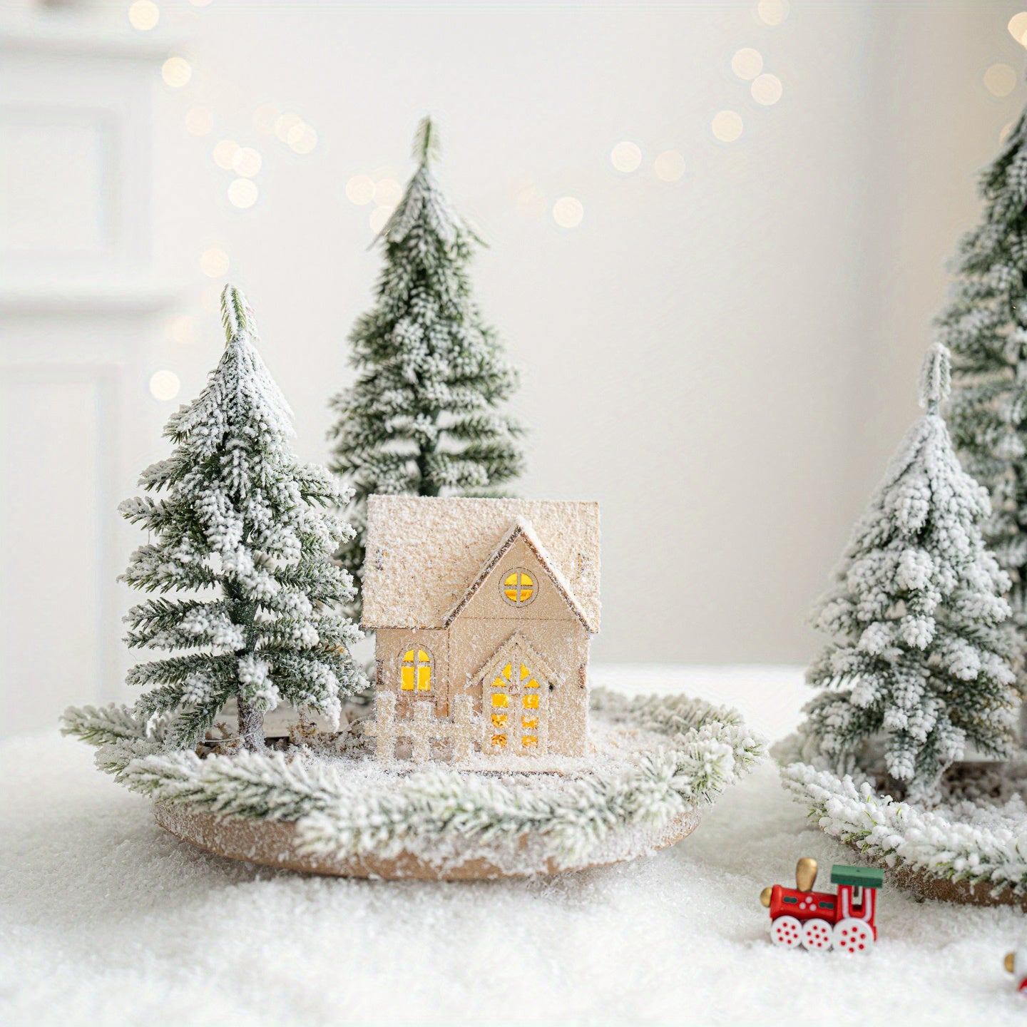 Mini Artificial Christmas Tree and House Set with Glowing Lights - Round Base, Battery-Powered, Ideal for Holiday Decorations, Winter Season, Christmas Tree Decorations, Best for Christmas, Perfect for Thanksgiving House Of Avana