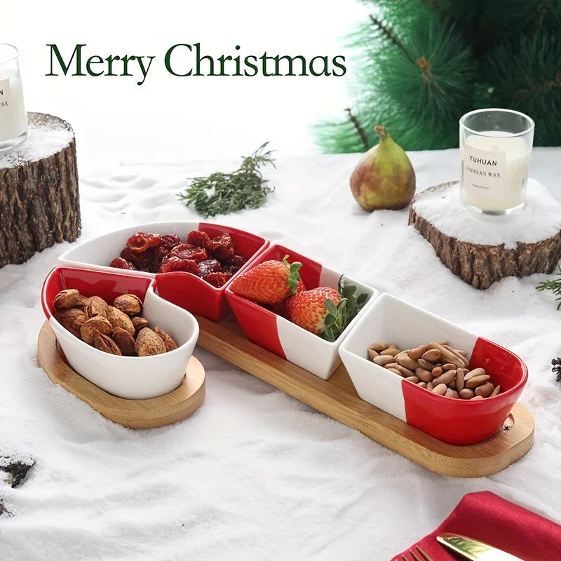 Bamboo Christmas Candy Cane Tray with Holiday Sweet Containers, front view - House Of Avana [[SKU:HOA-TRY-017]]