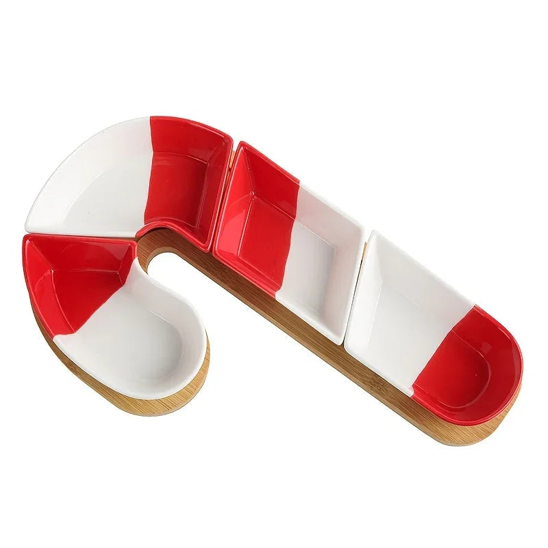Bamboo Christmas Candy Cane Tray with Holiday Sweet Containers, angled view - House Of Avana [[SKU:HOA-TRY-017]]