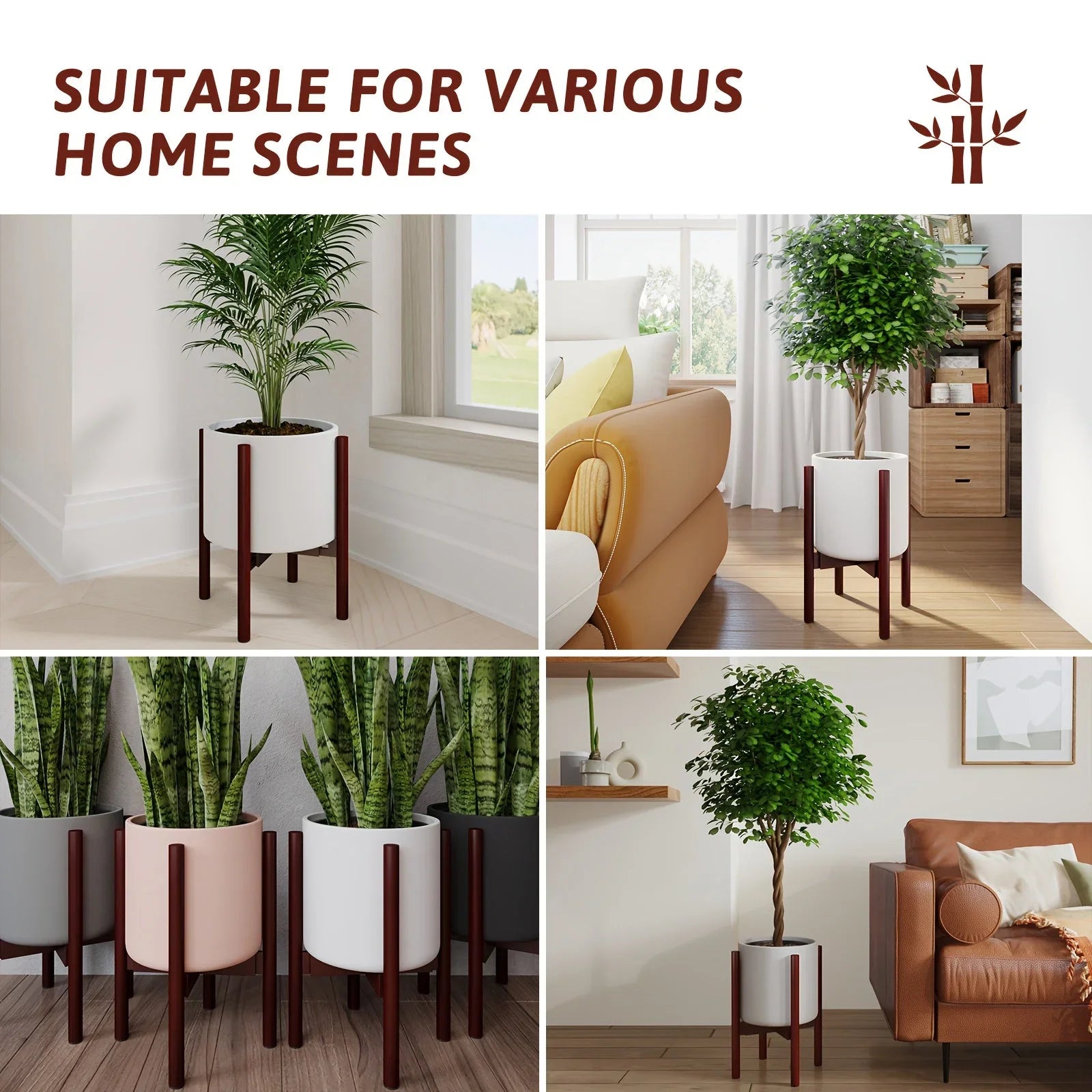 Bamboo plant stand, reddish brown, adjustable holder - House of Avana