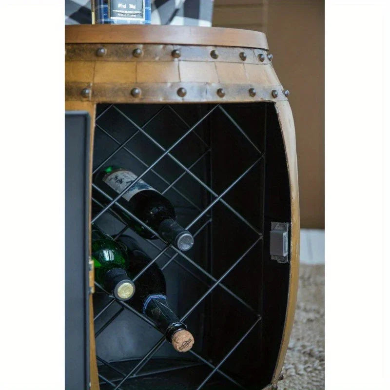 20.5x20.5x24" Rustic Napa Barrel Drum Side Table with Hinged Door & Interior Wine Rack - Fir Wood & Wrought Iron Accent Table for Farmhouse, Industrial, Shabby Chic Decor - Portable Multi-Use Furniture, Table for Living Room, House Of Avana