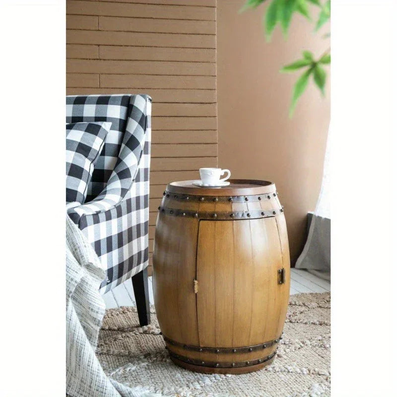 20.5x20.5x24" Rustic Napa Barrel Drum Side Table with Hinged Door & Interior Wine Rack - Fir Wood & Wrought Iron Accent Table for Farmhouse, Industrial, Shabby Chic Decor - Portable Multi-Use Furniture, Table for Living Room, House Of Avana