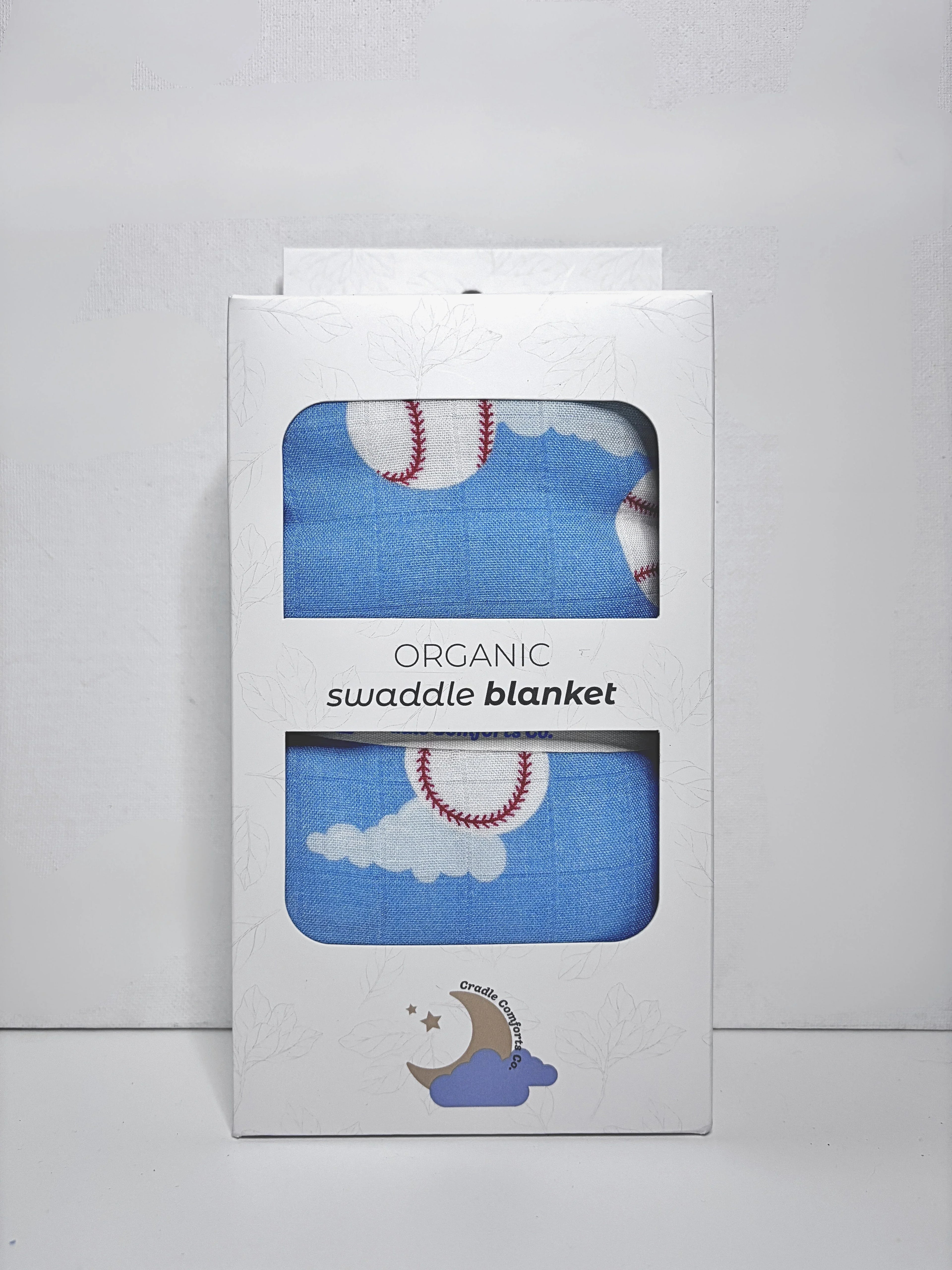 Organic Bamboo Cotton Muslin Swaddle Blanket in Baseballs in the Sky Cradle Comforts Co.
