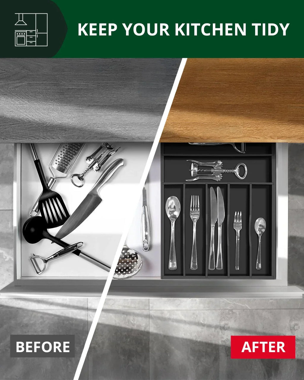 Basic Silverware Drawer Organizer, Black, lifestyle image - House Of Avana