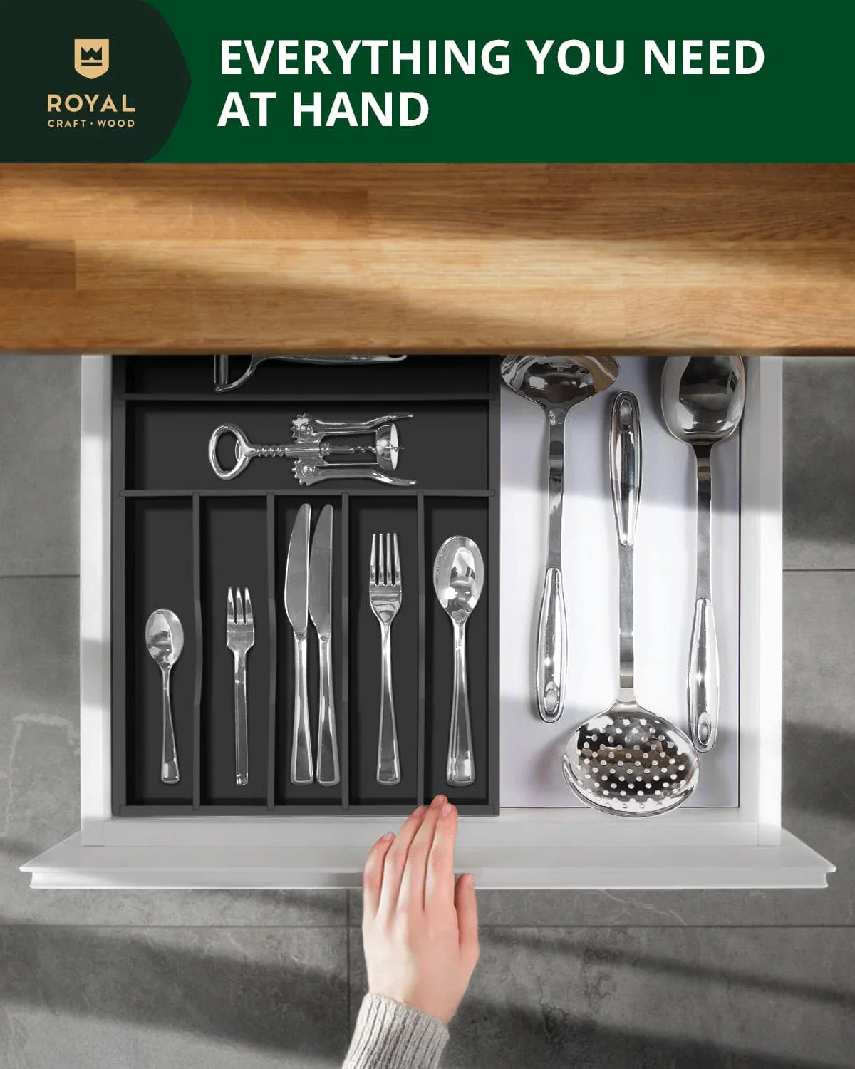 Basic Silverware Drawer Organizer, Black, angled view - House Of Avana