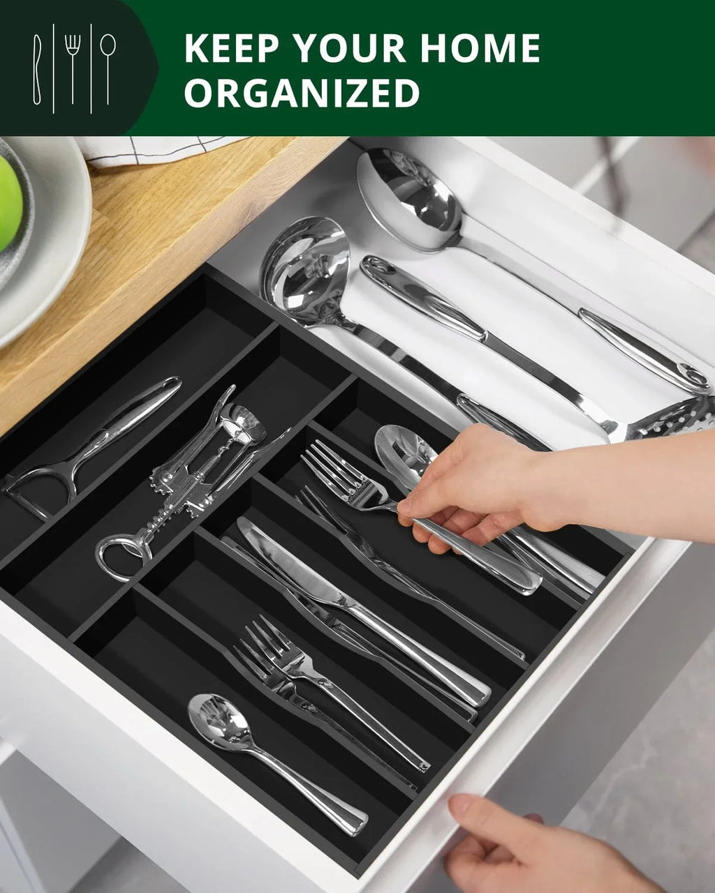 Basic Silverware Drawer Organizer, Black, angled view - House Of Avana